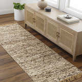 Entryway scene with a Tan Gopi Area Rug runner, wood floors, and a light wood console table. Roomscene-Runner