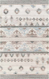 Close-up of the Duyen Area Rug. Hand-woven recycled PET yarn with a Scandinavian-Southwestern pattern in black, blue, brown, and white. Design-Rectangle-576