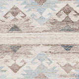 Close-up of Duyen Area Rug showing hand-woven texture and Scandinavian-Southwestern geometric pattern in blue, brown, and white. Swatch