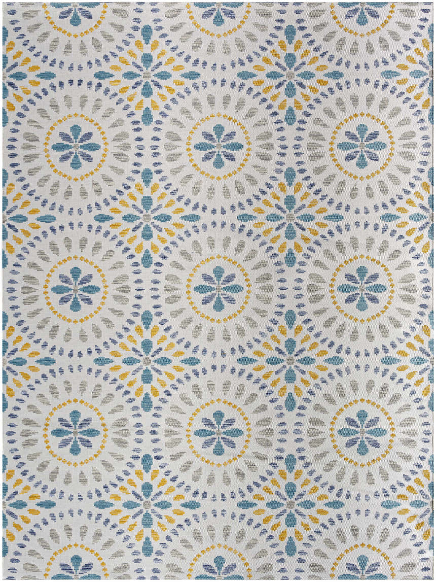 Close-up of the light gray Karin Area Rug featuring a floral pattern in blue, gray, and yellow. Design-Rectangle-527