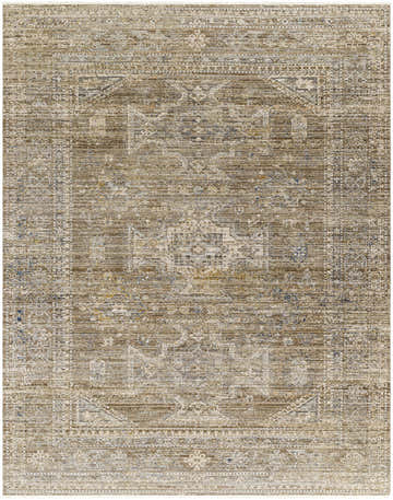 Close-up of the Margaret Sage Washable Rug. Becki Owens x Livabliss rug with a traditional farmhouse design in taupe, brown, and sage. Design-Rectangle-71010