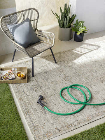 Patio scene with Margaret Damask Gray Washable Rug, wicker chair, plants, and a garden hose on the rug. Roomscene-Rectangle