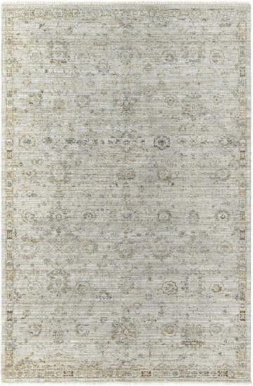 Close-up of the Margaret Damask Gray Washable Rug. Ash, khaki, and metallic silver farmhouse-style damask pattern. Becki Owens x Livabliss. Design-Rectangle-53710
