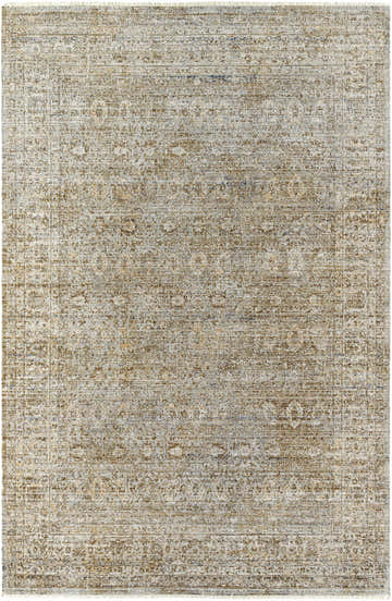 Close-up of the Margaret Damask Sage & Gray Washable Area Rug, a traditional rug with a distressed damask pattern. Design-Rectangle-53710