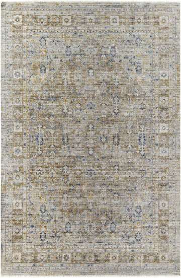 Close-up of the Margaret Damask Brown Washable Area Rug. Traditional style rug with ash, gray, khaki, and silver floral pattern. Design-Rectangle-53710