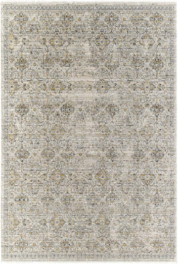 Margaret Cream Washable Rug, a Becki Owens x Livabliss design. Farmhouse style with light gray, slate, and gold floral pattern. Design-Rectangle-537