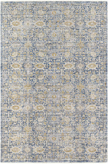 Close-up of the Margaret Damask Blue Washable Area Rug by Livabliss x Becki Owens. Features a traditional damask pattern in blue, silver and gold. Design-Rectangle-537