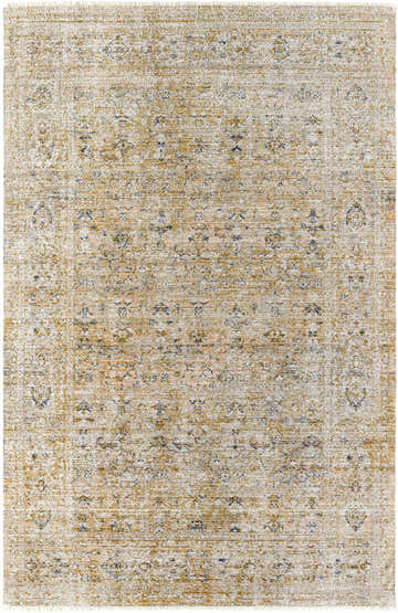 Close-up of the Margaret Damask Mustard Washable Area Rug. Traditional farmhouse style with ash, camel, and light gray colors. Design-Rectangle