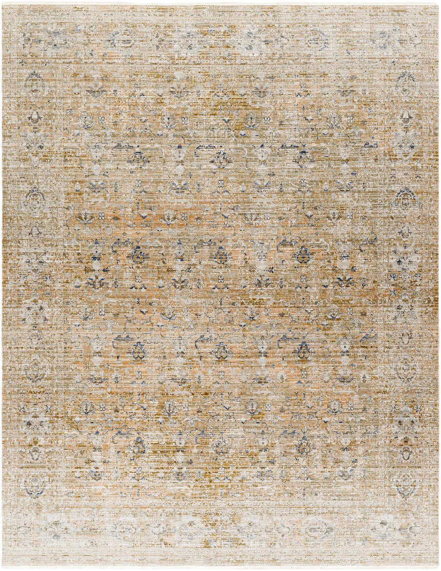 Close-up of the Margaret Damask Mustard Washable Area Rug. Traditional damask pattern in mustard, tan, and light gray. Design-Rectangle-71010