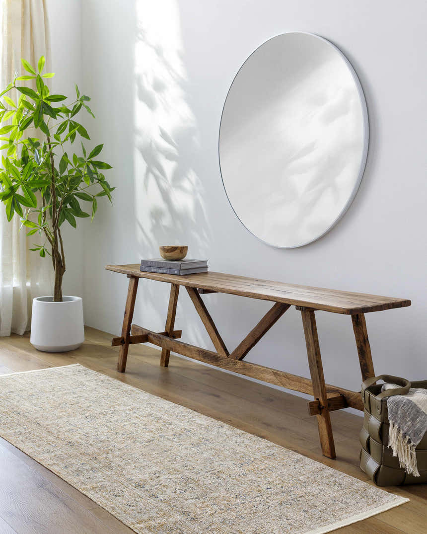 Entryway with wood bench, round mirror, and Margaret Damask Mustard Washable Area Rug runner. Farmhouse style. Roomscene-Runner