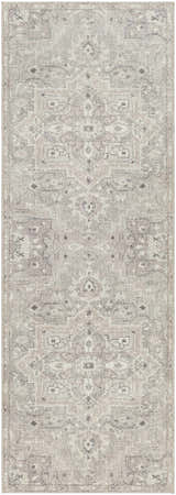Close-up of the Margot Medallion Dusty Coral rug. Farmhouse style rug with beige, bone, and brown tones. Traditional medallion pattern. Design-Runner-2773