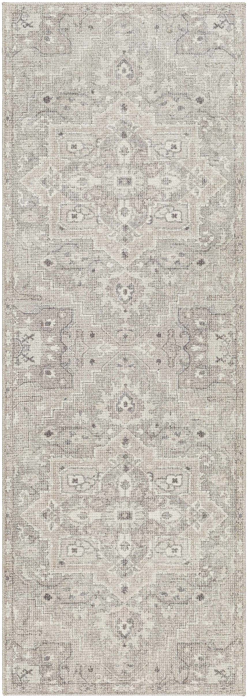 Close-up of the Margot Medallion Dusty Coral rug. Farmhouse style rug with beige, bone, and brown tones. Traditional medallion pattern. Design-Runner-2773