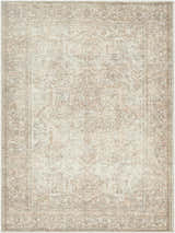 Close-up of the Margot Medallion Dusty Coral rug. Beige, brown, and coral tones create a traditional, farmhouse-style pattern. Design-Rectangle-537