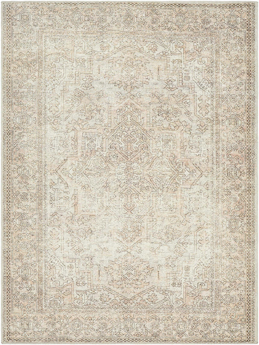 Close-up of the Margot Medallion Dusty Coral rug. Beige, brown, and coral tones create a traditional, farmhouse-style pattern. Design-Rectangle-537