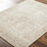 Close-up of Margot Medallion Dusty Coral rug. Beige, brown, and coral tones in a traditional, distressed medallion pattern. Corner