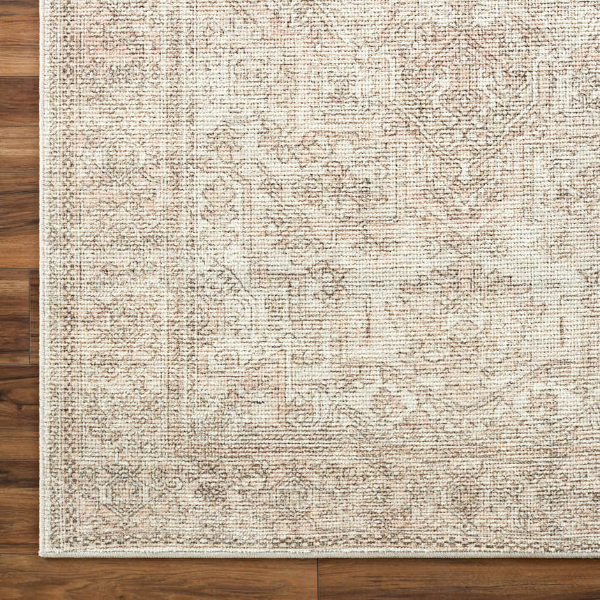 Close-up of the Margot Medallion Dusty Coral rug showing beige, bone, and dusty coral colors with a traditional medallion pattern. Swatch