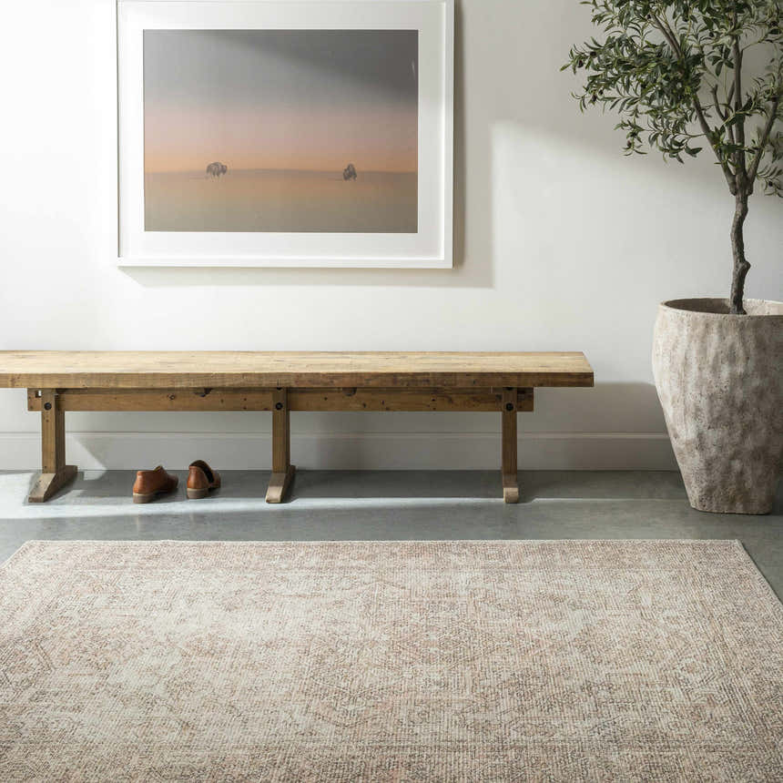 Entryway with a Margot Medallion Dusty Coral rug, wood bench, artwork, and potted olive tree. Farmhouse style. Roomscene-Rectangle