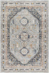 Detailed view of the Gilda Area Rug in light gray and natural gray with a traditional, geometric pattern. Design-Rectangle-6796