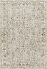 Close-up of the Jeven Blue Area Rug featuring a traditional floral pattern in beachhouse blue, beige, and gold tones. Design-Rectangle-6796