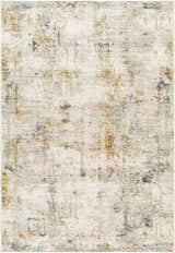 Close-up of Kacia Area Rug, beige and bone with abstract gold and blue accents. Contemporary style. Design-Rectangle-6796