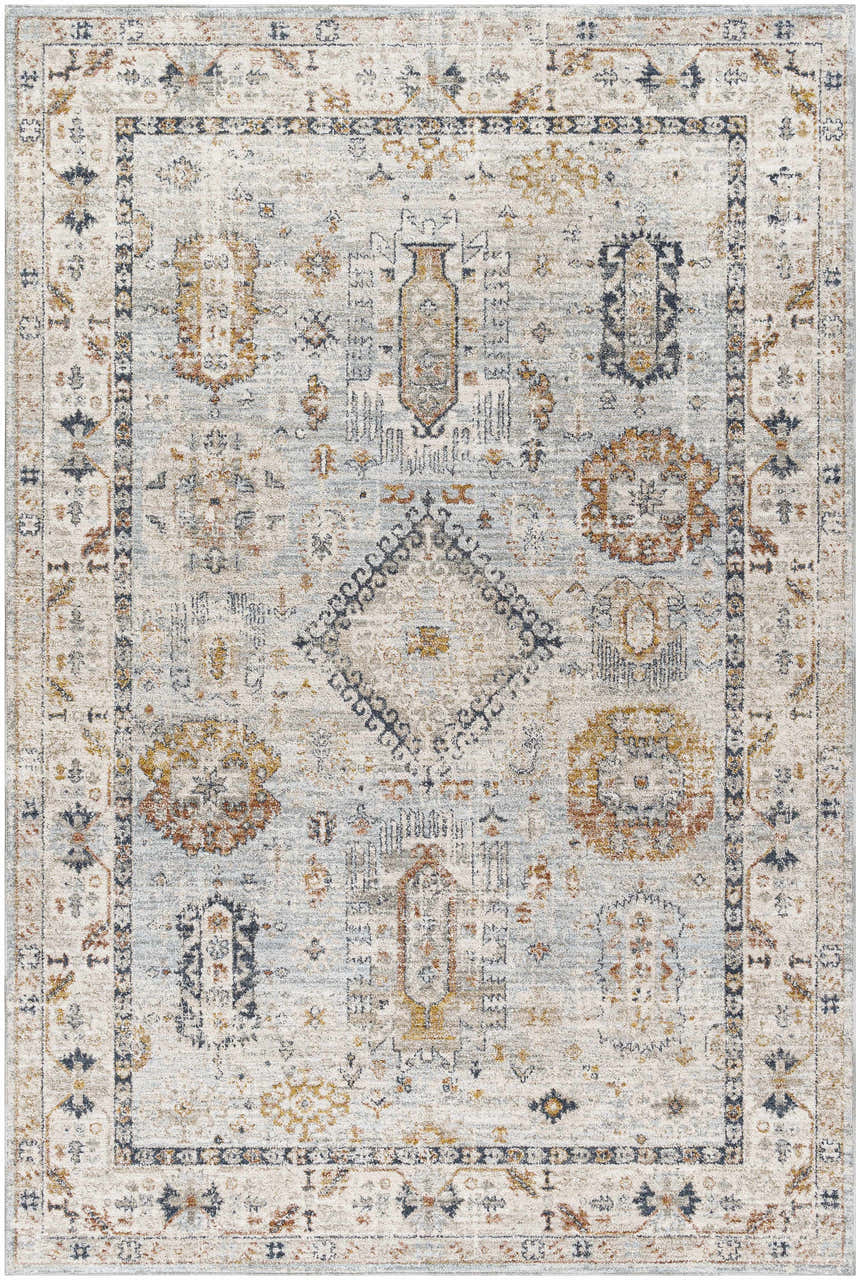 Detailed view of the Kamau Cream & Blue Area Rug, featuring a farmhouse-style pattern in light gray, natural gray, and blue tones. Design-Rectangle-6796