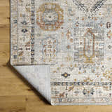 Close-up of the Kamau Cream & Blue Area Rug showing its light gray, natural gray, and gold farmhouse-style pattern. Fold
