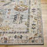 Close-up of the Kamau Cream & Blue Area Rug showing its light gray, natural gray, gold, and brown transitional pattern. Front