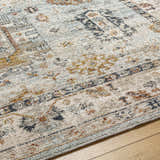 Close-up of the Kamau Cream & Blue Area Rug showing its farmhouse style pattern, light gray, and natural gray colors. Texture
