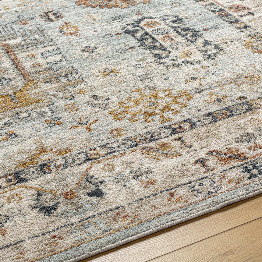 Close-up of the Kamau Cream & Blue Area Rug showing its farmhouse style pattern, light gray, and natural gray colors. Texture