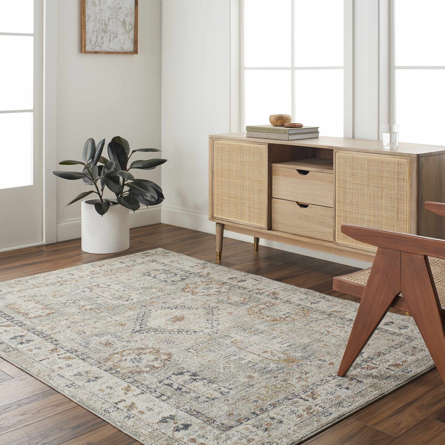 Living room scene with a beige Kylia Area Rug, wood floors, and a light wood console table. Roomscene-Rectangle