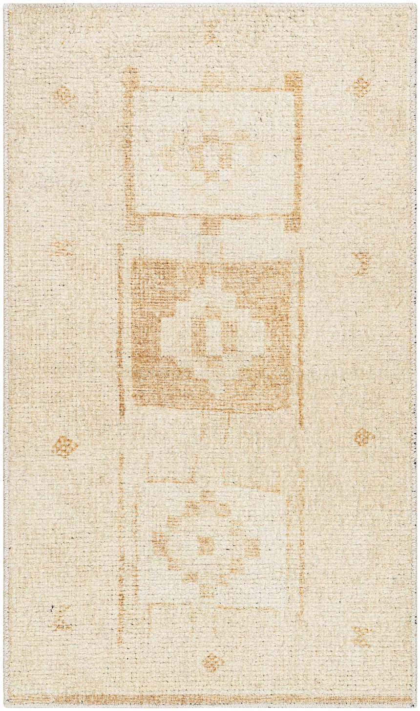 Close-up of Solana Medallion Peach rug. Beige rug with a peach geometric medallion pattern. Farmhouse style. Design-Rectangle-2745