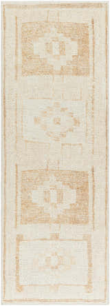 Close-up of Solana Medallion Peach rug by Livabliss x Becki Owens. Beige rug with a subtle peach medallion pattern. Design-Runner-2773