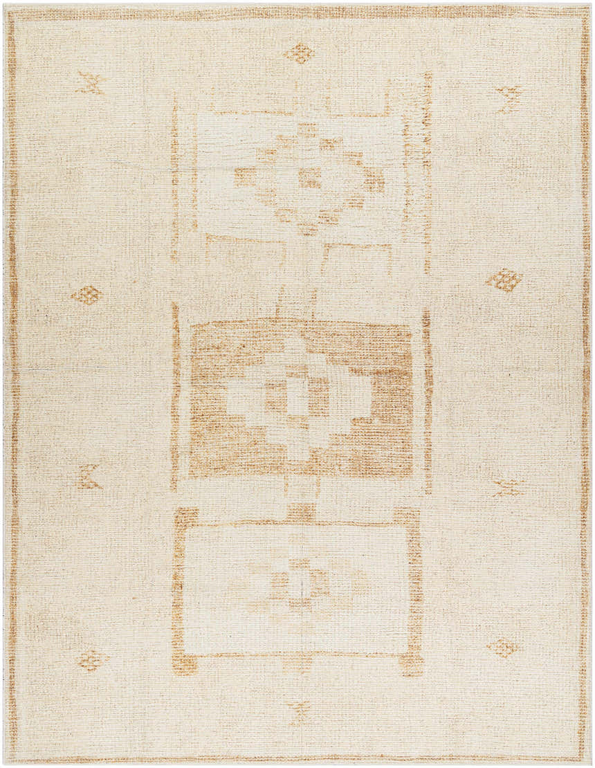 Close-up of the Solana Medallion Peach rug. Beige rug with a subtle, geometric medallion pattern in nutmeg and medium brown. Design-Rectangle-71010