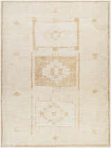 Close-up of the Solana Medallion Peach rug. Beige rug with a geometric, medallion pattern in nutmeg. Farmhouse style. Design-Rectangle-9212