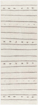 Close-up of the Rivi Moroccan Beige rug. Farmhouse style rug with beige, bone, and dark brown stripes and geometric accents. Design-Runner-2773