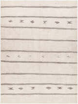 Close-up of Rivi Moroccan Beige rug. Farmhouse style rug with beige background, brown stripes and geometric pattern. Design-Rectangle-537