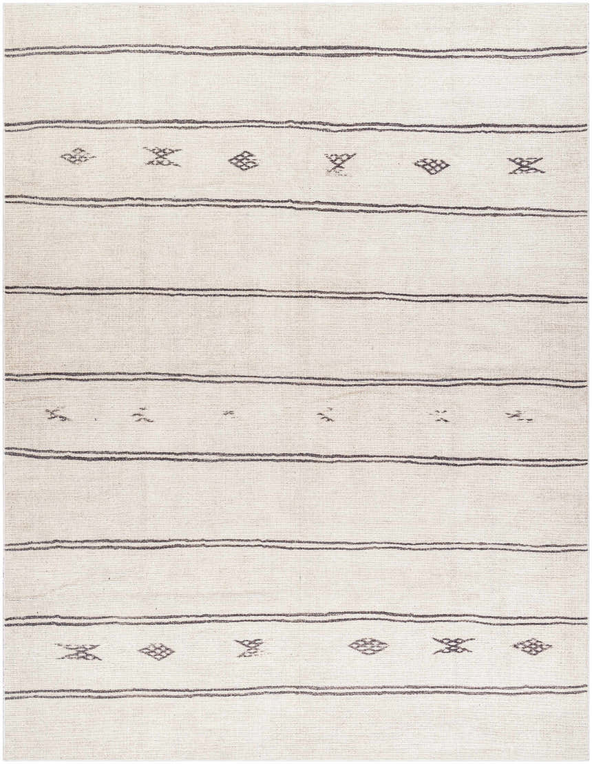 Close-up of Rivi Moroccan Beige rug by Becki Owens x Livabliss. Beige rug with dark brown stripes and geometric patterns. Design-Rectangle-71010