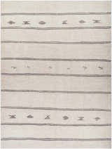 Close-up of Rivi Moroccan Beige rug. Beige rug with dark brown stripes and diamond and X-shaped motifs. Farmhouse style. Design-Rectangle-9212