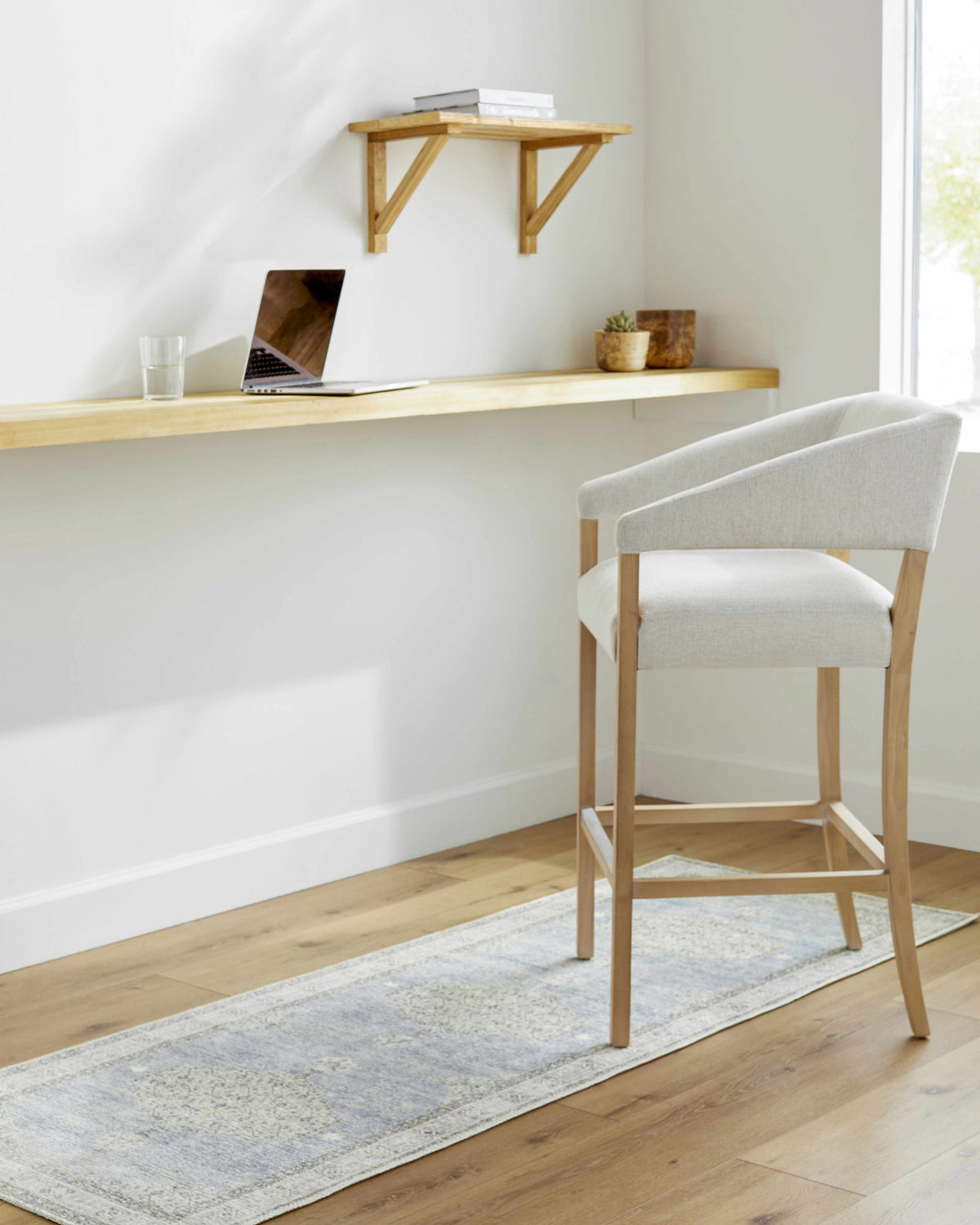 Home office with Lila Medallion Denim Area Rug runner, light wood floors, desk, and chair. Farmhouse style. Roomscene-Runner