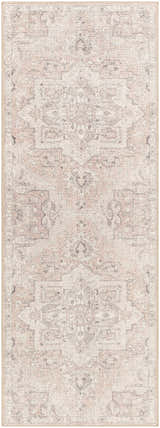 Close-up of the Elle Medallion Taupe Area Rug. Beige rug with traditional, distressed dark purple and gray medallion pattern. Design-Runner-2773