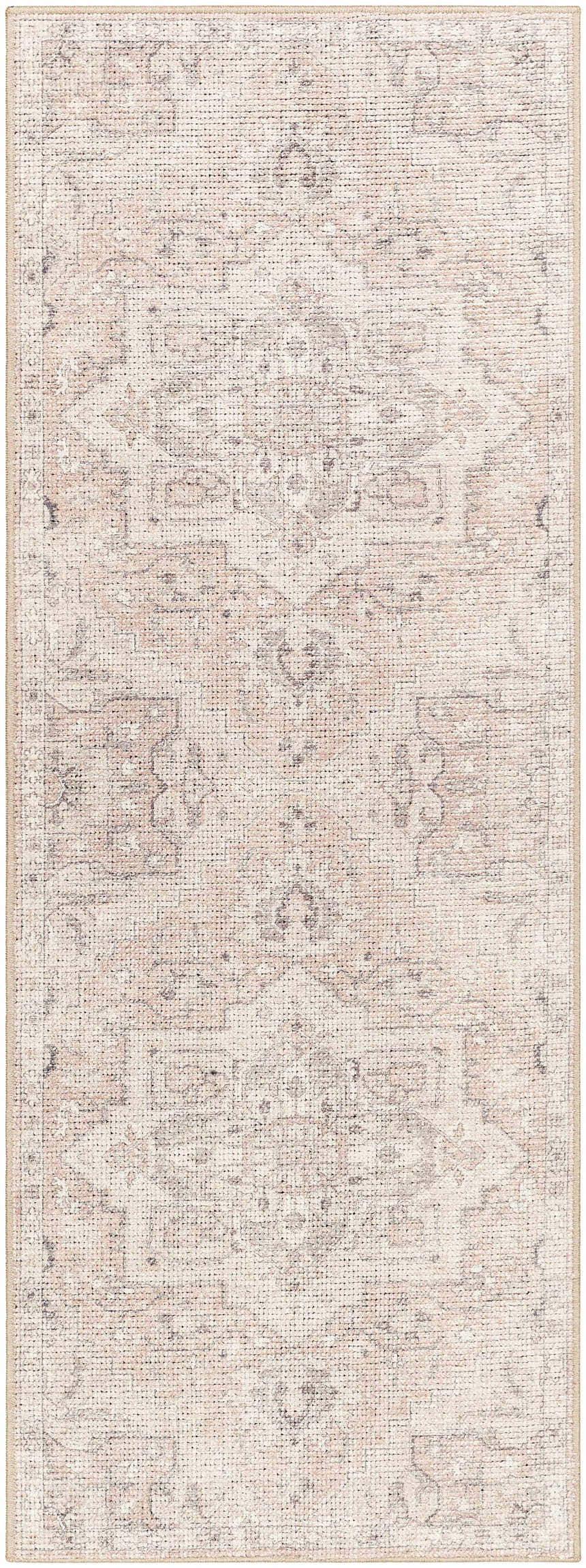 Close-up of the Elle Medallion Taupe Area Rug. Beige rug with traditional, distressed dark purple and gray medallion pattern. Design-Runner-2773