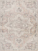 Close-up of the Elle Medallion Taupe Area Rug, featuring a traditional beige, gray, and light brown medallion pattern. Design-Rectangle-9212