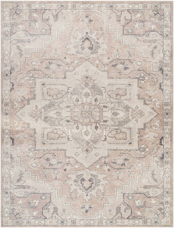 Close-up of the Elle Medallion Taupe Area Rug, featuring a traditional beige, gray, and light brown medallion pattern. Design-Rectangle-9212