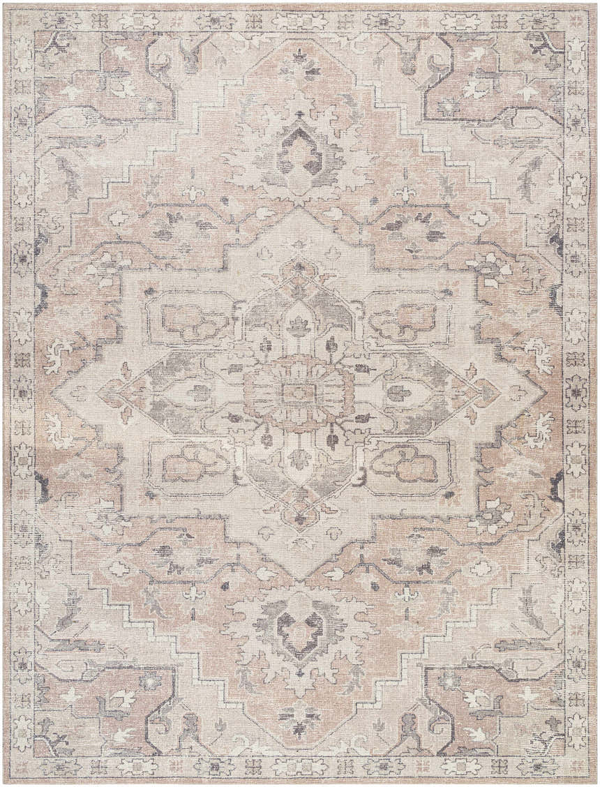 Close-up of the Elle Medallion Taupe Area Rug, featuring a traditional beige, gray, and light brown medallion pattern. Design-Rectangle-9212