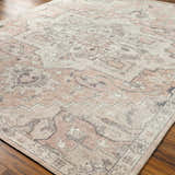 Close-up of the Elle Medallion Taupe Area Rug showing its beige, light brown, and dark gray traditional pattern. Corner