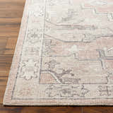 Close-up of the Elle Medallion Taupe Area Rug showing its beige, light brown, and gray traditional pattern and soft texture. Front
