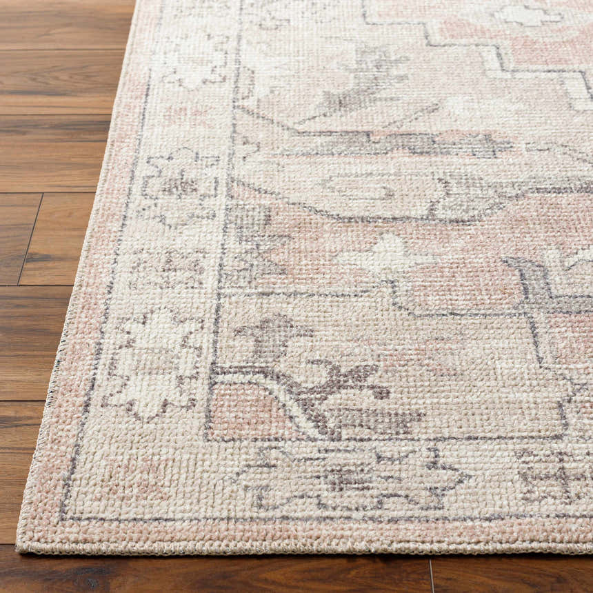 Close-up of the Elle Medallion Taupe Area Rug showing its beige, light brown, and gray traditional pattern and soft texture. Front