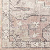 Close-up of the Elle Medallion Taupe Area Rug, showing its traditional pattern, beige, gray, and pastel red colors. Corner