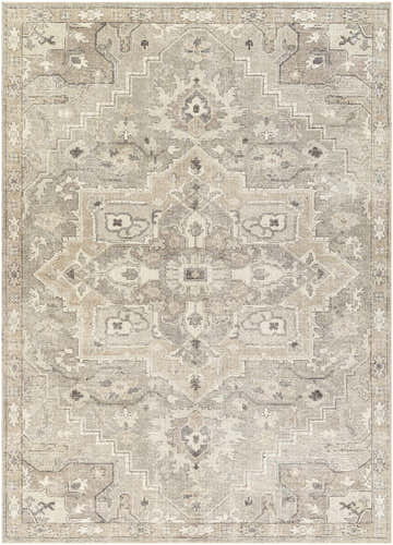Close-up of the Elle Medallion Light Gray Area Rug. Features a traditional medallion pattern in beige, gray, and brown tones. Design-Rectangle-679