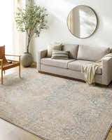 Living room scene with beige sofa, wood chair, and Marlene Medallion Beige & Blue Area Rug by Becki Owens x Livabliss. Roomscene-Rectangle